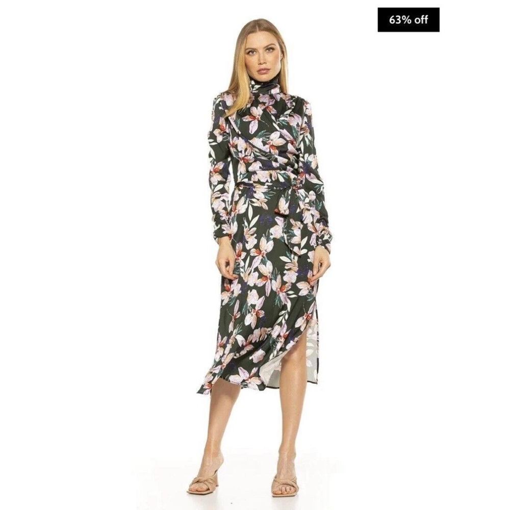 Alexia Admor Dark Green Floral High-Neck Long-Sleeve Midi Dress